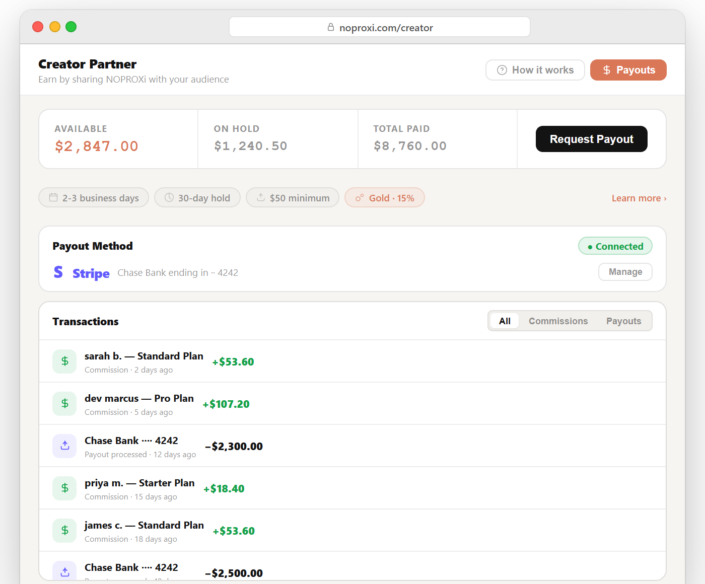 Submit your payout — balance, transactions and Stripe payout